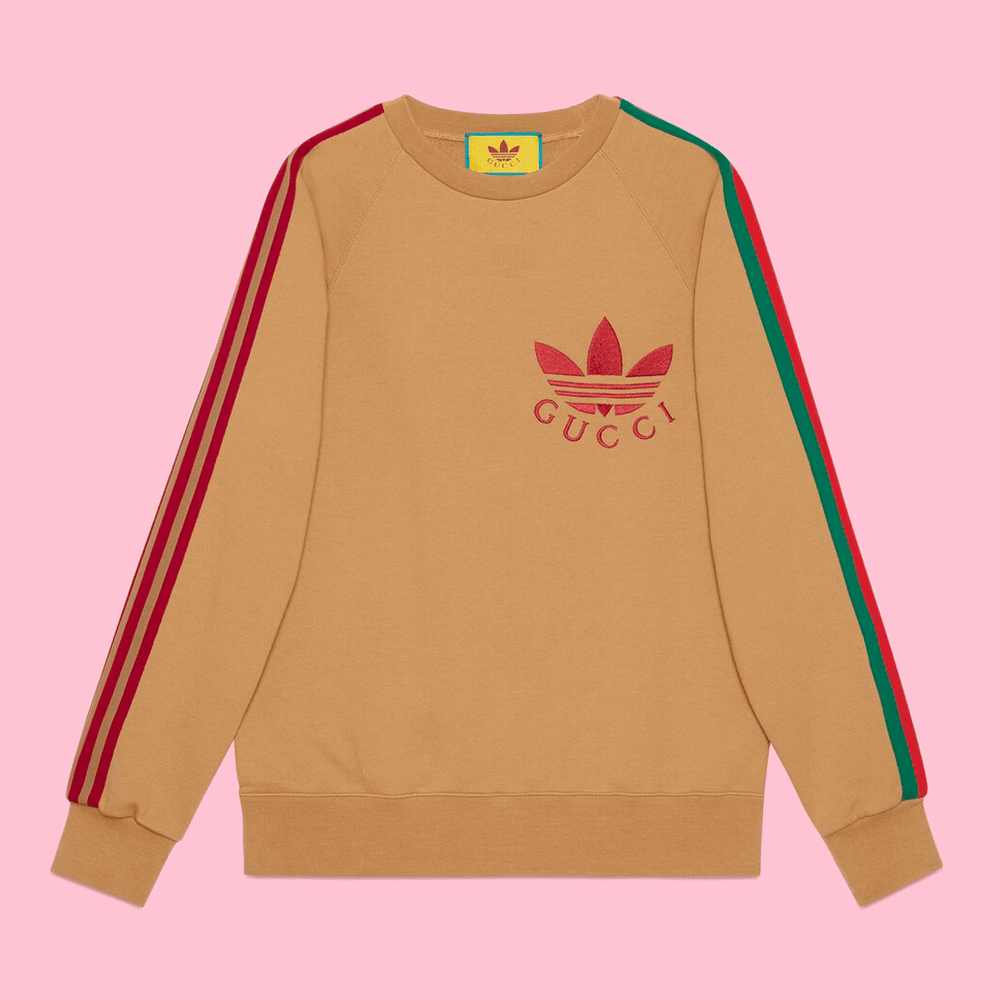 Gucci x Adidas Sweatshirt Tan streetwear style collab news info price where to buy
