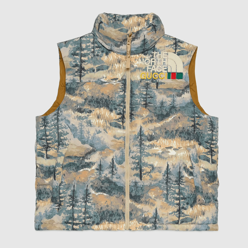 Gucci x The North Face Padded Vest dark camo streetwear style collab news