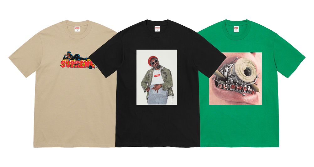 Supreme Andre 3000 photo tee box logo catwoman braces trash joie de vivre elephant wombat tee fw22 fall winter graphic tees t-shirt collection