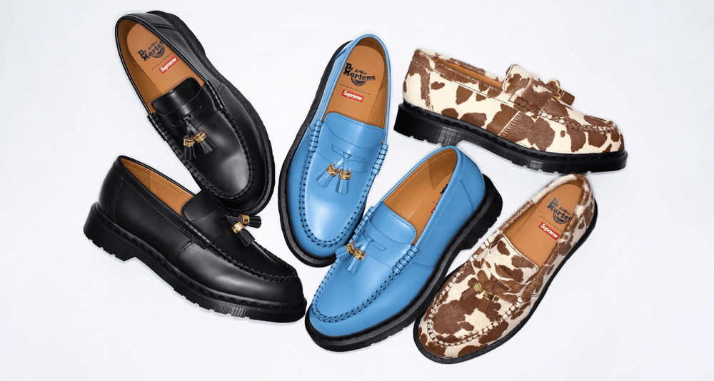 Supreme Dr Martens Penton Tassel Loafer cow print hide leather blue black collab collection 2023 Spring summer ss23 header Supreme Dr Martens Penton Tassel Loafer cow print hide leather blue black collab collection 2023 Spring summer ss23 header