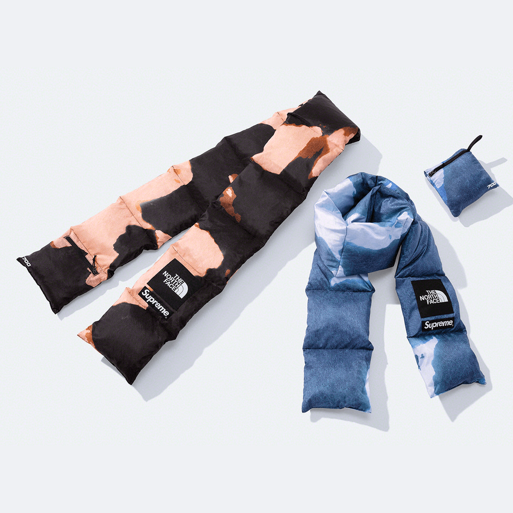 Supreme x The North Face Bleached Denim Print Down Scarf streetwear style collab news