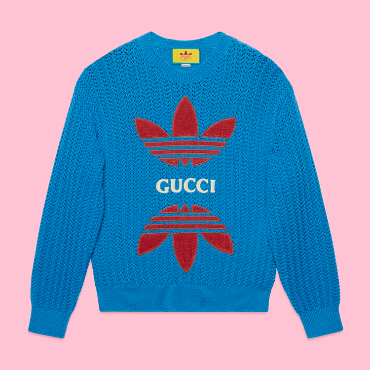Gucci x Adidas Sweater Blue streetwear style collab news info price where to buy