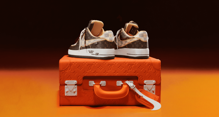 Louis Vuitton Nike Air Force 1 sneaker designed by Virgil Abloh shoe damier monogram LV pattern auction Sothebys exclusive style charity foundation 2022 header