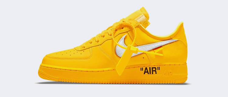 Nike x Off white air force one university gold sneaker news header image