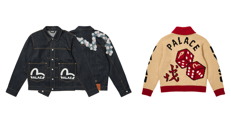 Palace Evisu Spring 2024 denim jeans shorts jorts cowichan cardigan dice header