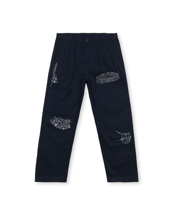 SS21 drop1 whips and chains wide leg pleated pant navy front optimized