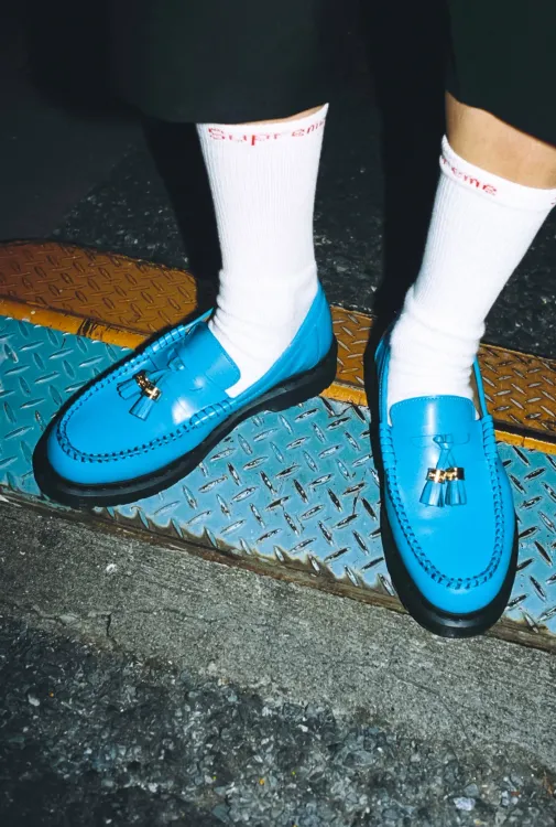 Supreme Dr Martens Penton Tassel Loafer cow print hide leather blue black collab collection 2023 Spring summer ss23 lookbook 1