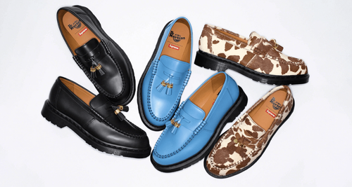 Supreme Dr Martens Penton Tassel Loafer cow print hide leather blue black collab collection 2023 Spring summer ss23 header