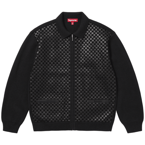 Woven Leather Zip Up Cardigan